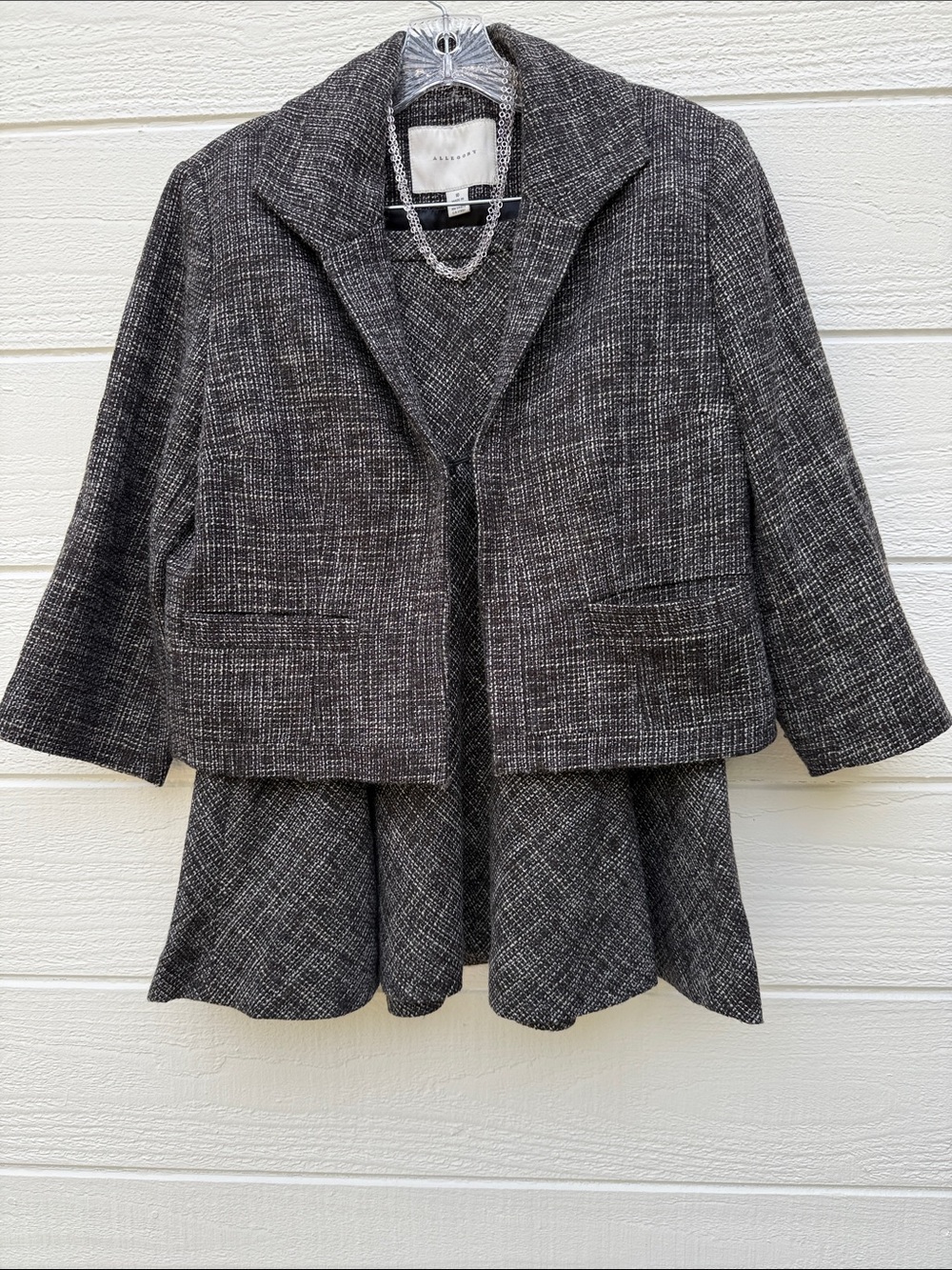 Tailored Women's Gray Tweed Jacket and Skirt. Classic Professional Layer